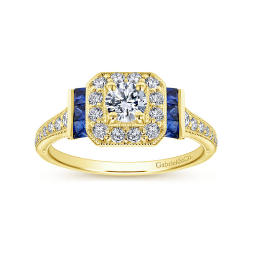 14K Yellow Gold Round Halo Sapphire and Diamond Channel Set Engagement Ring