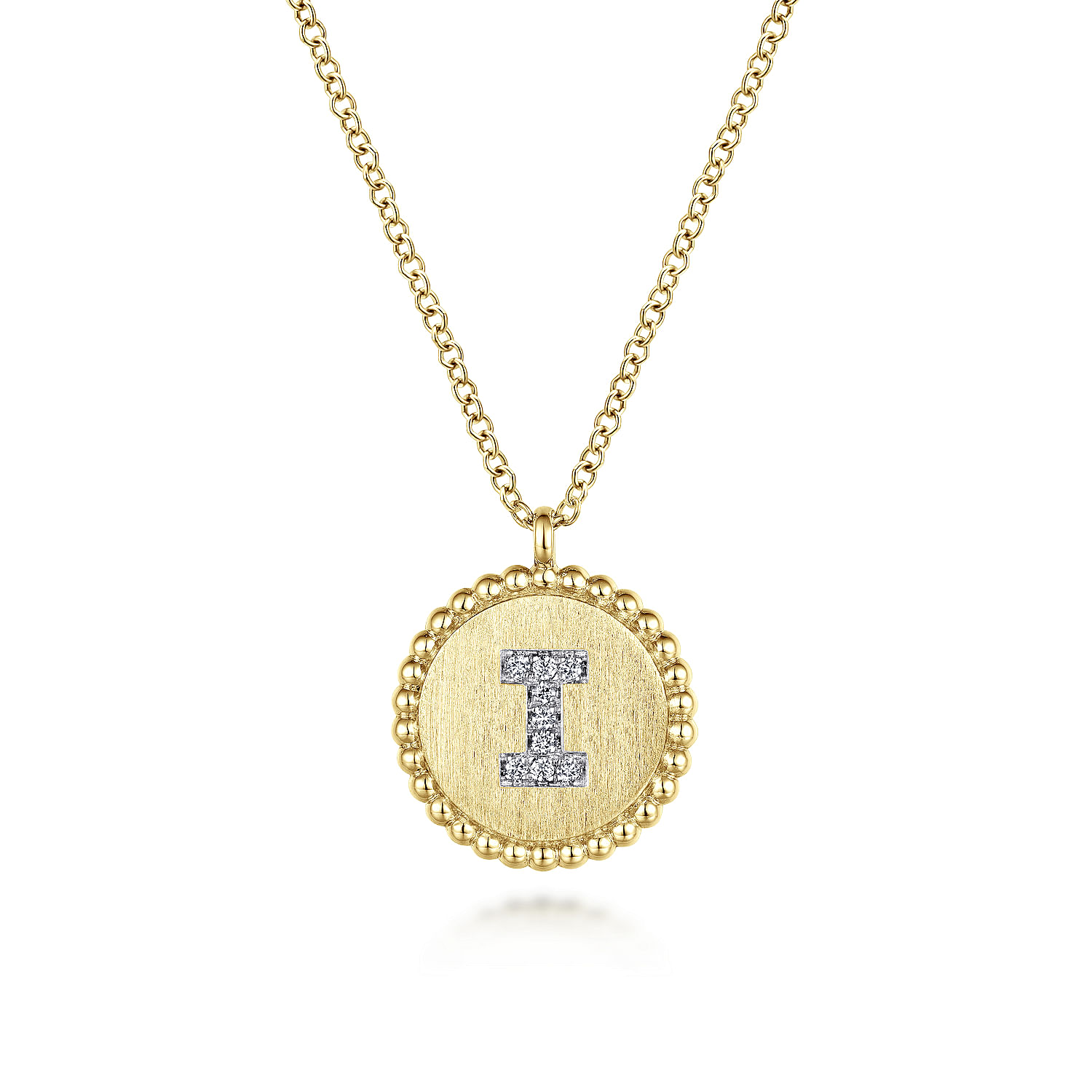 14K Yellow Gold Round I Initial Pendant Necklace with Diamonds
