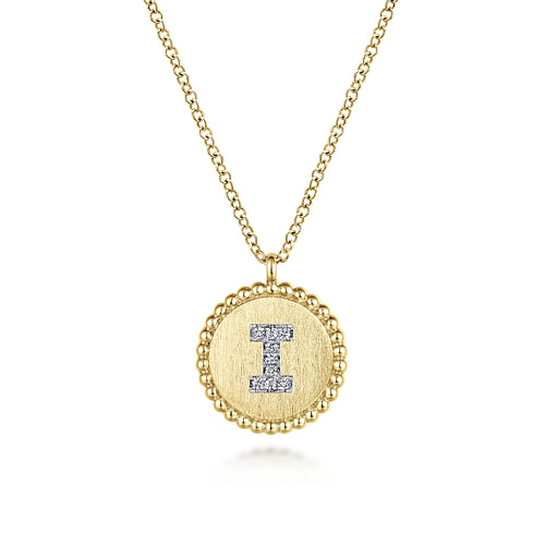 14K Yellow Gold Round I Initial Pendant Necklace with Diamonds