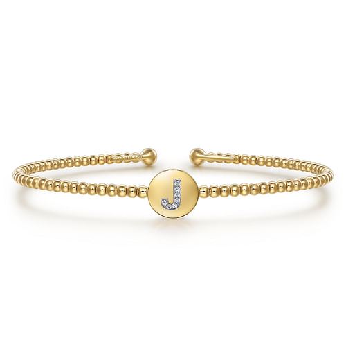 14K Yellow Gold Round J Initial Diamond Bujukan Cuff Bracelet