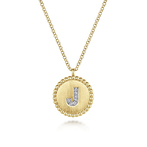 14K Yellow Gold Round J Initial Pendant Necklace with Diamonds