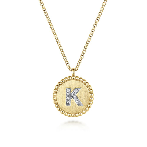 14K Yellow Gold Round K Initial Pendant Necklace with Diamonds