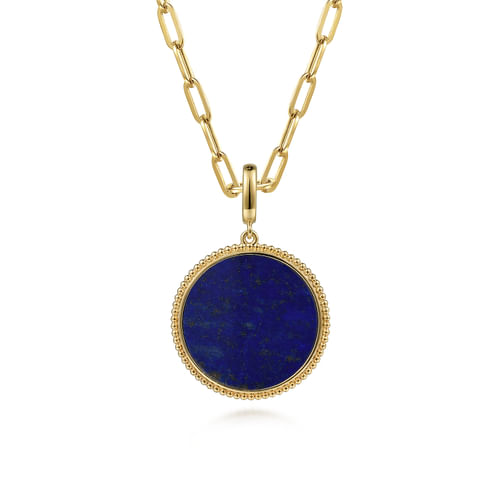 14K Yellow Gold Round Lapis Inlay Medallion Pendant in size 24mm With Detachable Bail