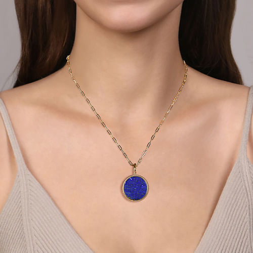 14K Yellow Gold Round Lapis Inlay Medallion Pendant in size 24mm