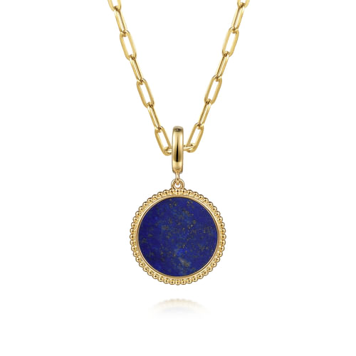 14K Yellow Gold Round Lapis Inlay Pendant With Detachable Bail