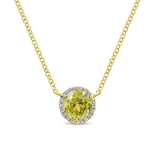 14K Yellow Gold Round Lemon Quartz and Diamond Halo Pendant Necklace