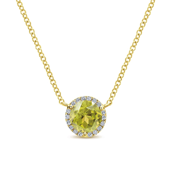 Gabriel - 14K Yellow Gold Round Lemon Quartz and Diamond Halo Pendant Necklace
