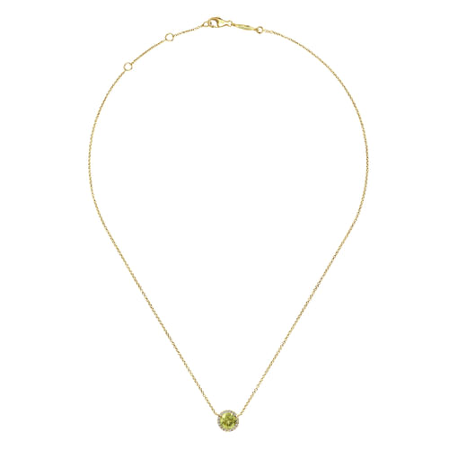 14K Yellow Gold Round Lemon Quartz and Diamond Halo Pendant Necklace