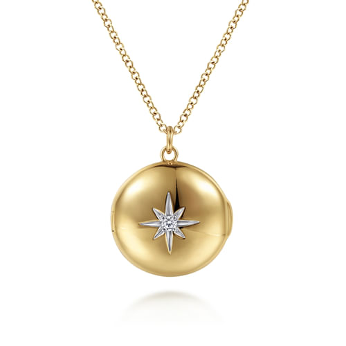 14K Yellow Gold Round Locket Pendant  Necklace with Diamond Star Center