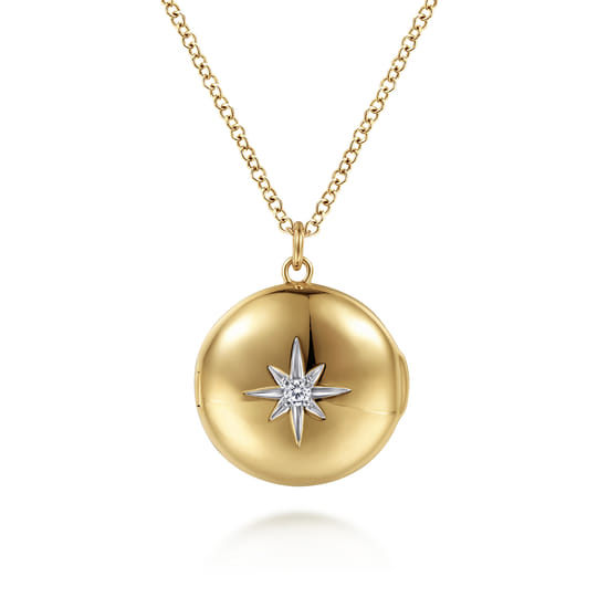 14K Yellow Gold Round Locket Pendant  Necklace with Diamond Star Center