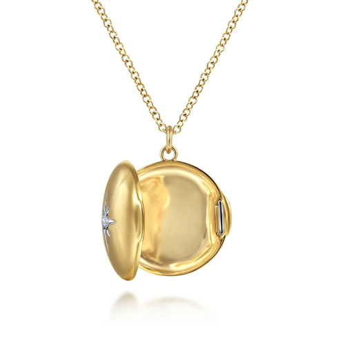 14K Yellow Gold Round Locket Pendant  Necklace with Diamond Star Center