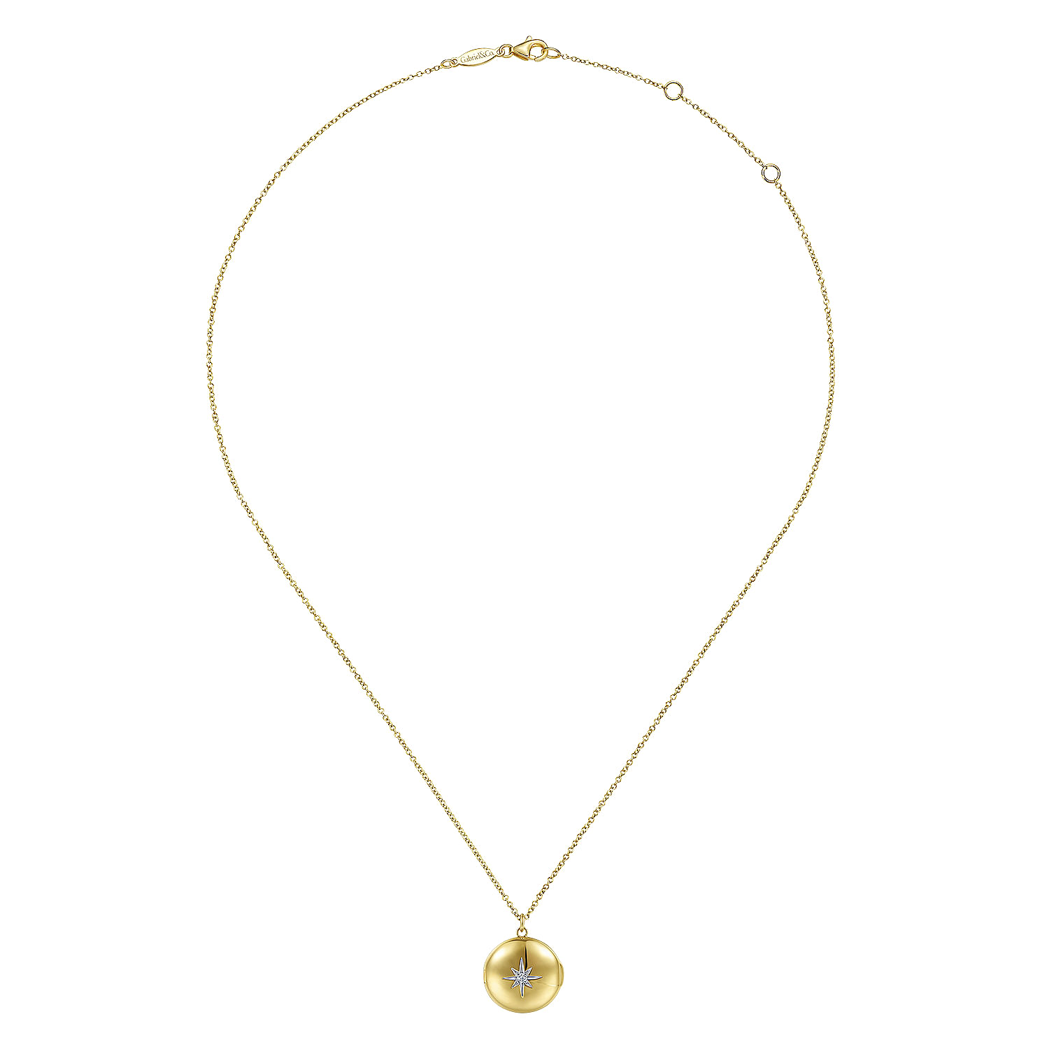 14K Yellow Gold Round Locket Pendant  Necklace with Diamond Star Center
