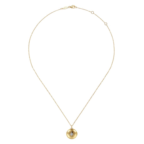 14K Yellow Gold Round Locket Pendant  Necklace with Diamond Star Center