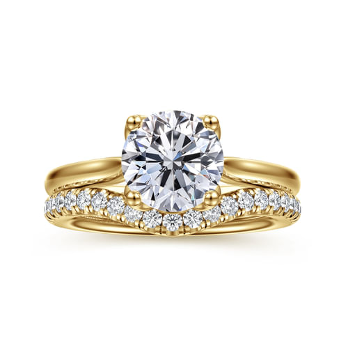 14K Yellow Gold Round Lotus Diamond Engagement Ring