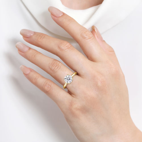 14K Yellow Gold Round Lotus Diamond Engagement Ring