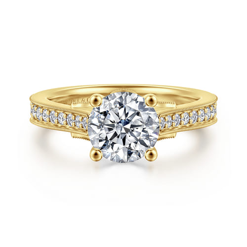 14K Yellow Gold Round Lotus Diamond Engagement Ring