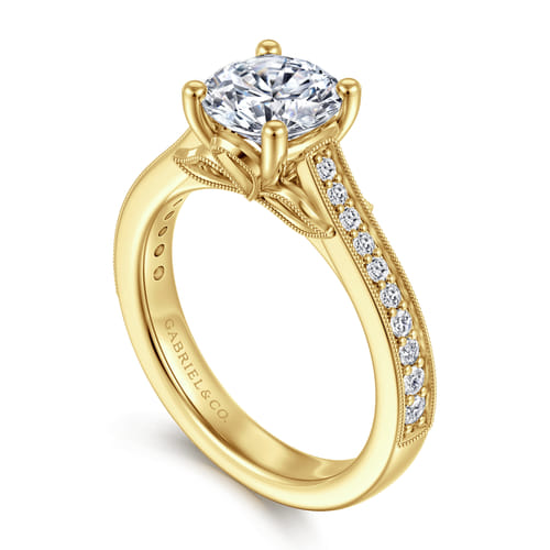 14K Yellow Gold Round Lotus Diamond Engagement Ring