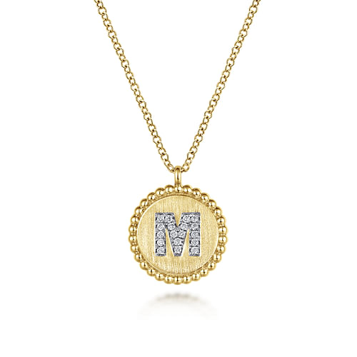 14K Yellow Gold Round M Initial Pendant Necklace with Diamonds