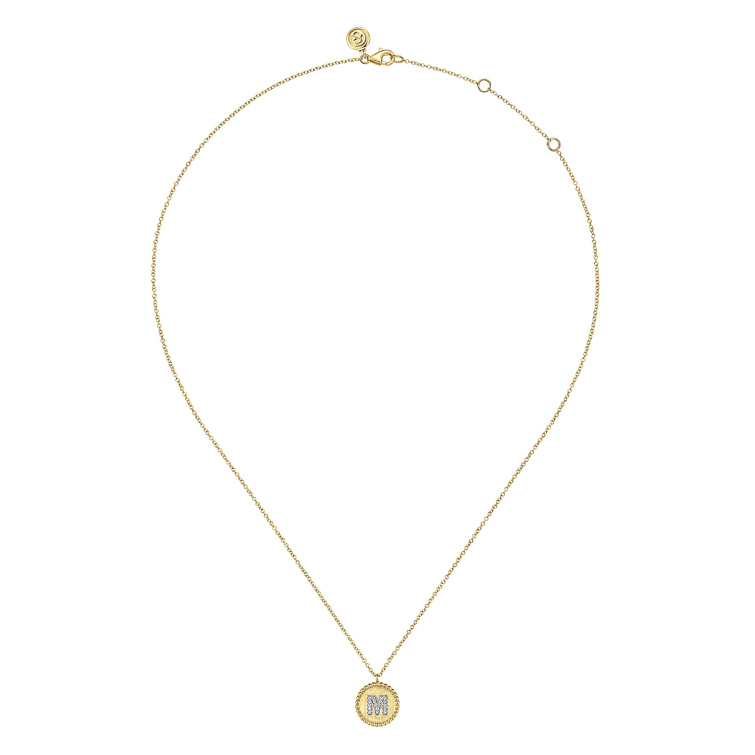 14K Yellow Gold Round M Initial Pendant Necklace with Diamonds