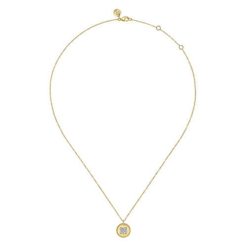 14K Yellow Gold Round M Initial Pendant Necklace with Diamonds