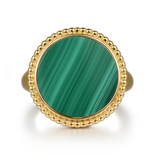 14K Yellow Gold Round Malachite Inlay Signet Ring