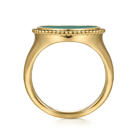 14K Yellow Gold Round Malachite Inlay Signet Ring angle 2