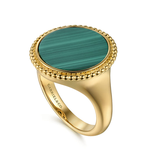 14K Yellow Gold Round Malachite Inlay Signet Ring angle 3