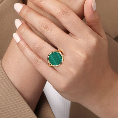 14K Yellow Gold Round Malachite Inlay Signet Ring