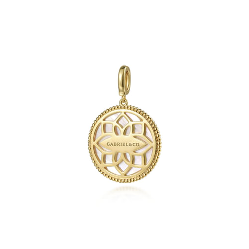 14K Yellow Gold Round Mother of Pearl Inlay Pendant With Detachable Bail