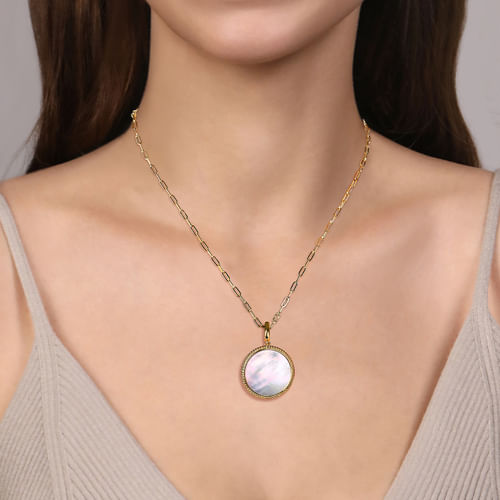 14K Yellow Gold Round Mother of Pearl Inlay Pendant With Detachable Bail