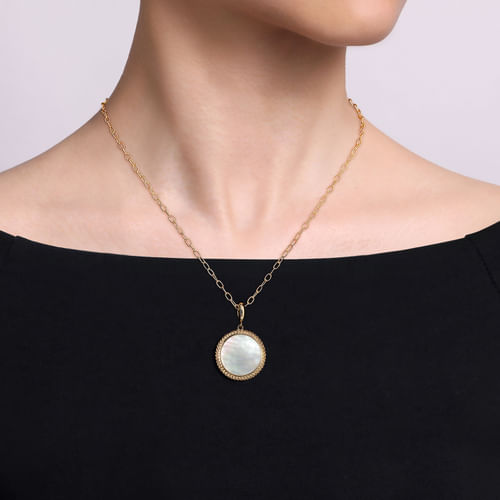 14K Yellow Gold Round Mother of Pearl Inlay Pendant With Detachable Bail
