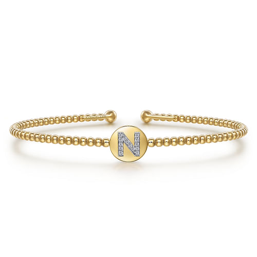 14K Yellow Gold Round N Initial Diamond Bujukan Cuff Bracelet