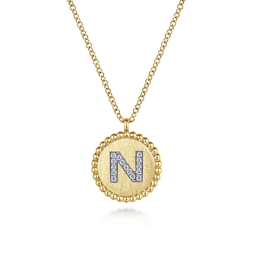 14K Yellow Gold Round N Initial Pendant Necklace with Diamonds