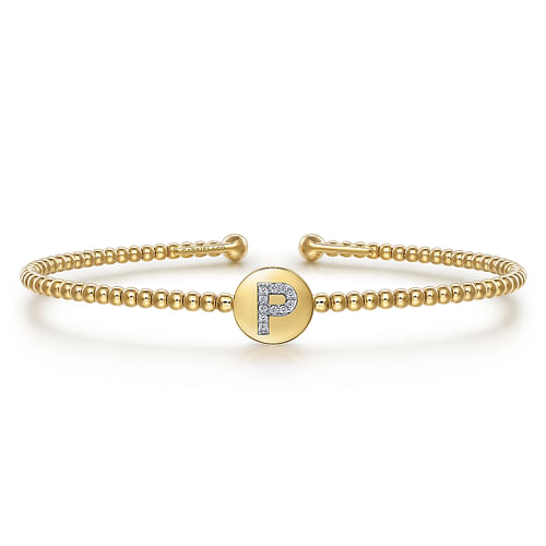 14K Yellow Gold Round P Initial Diamond Bujukan Cuff Bracelet