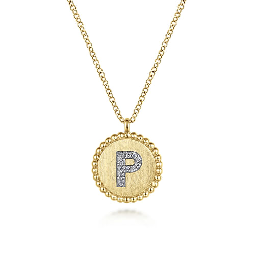 14K Yellow Gold Round P Initial Pendant Necklace with Diamonds