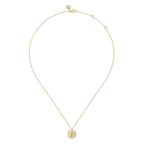 14K Yellow Gold Round P Initial Pendant Necklace with Diamonds