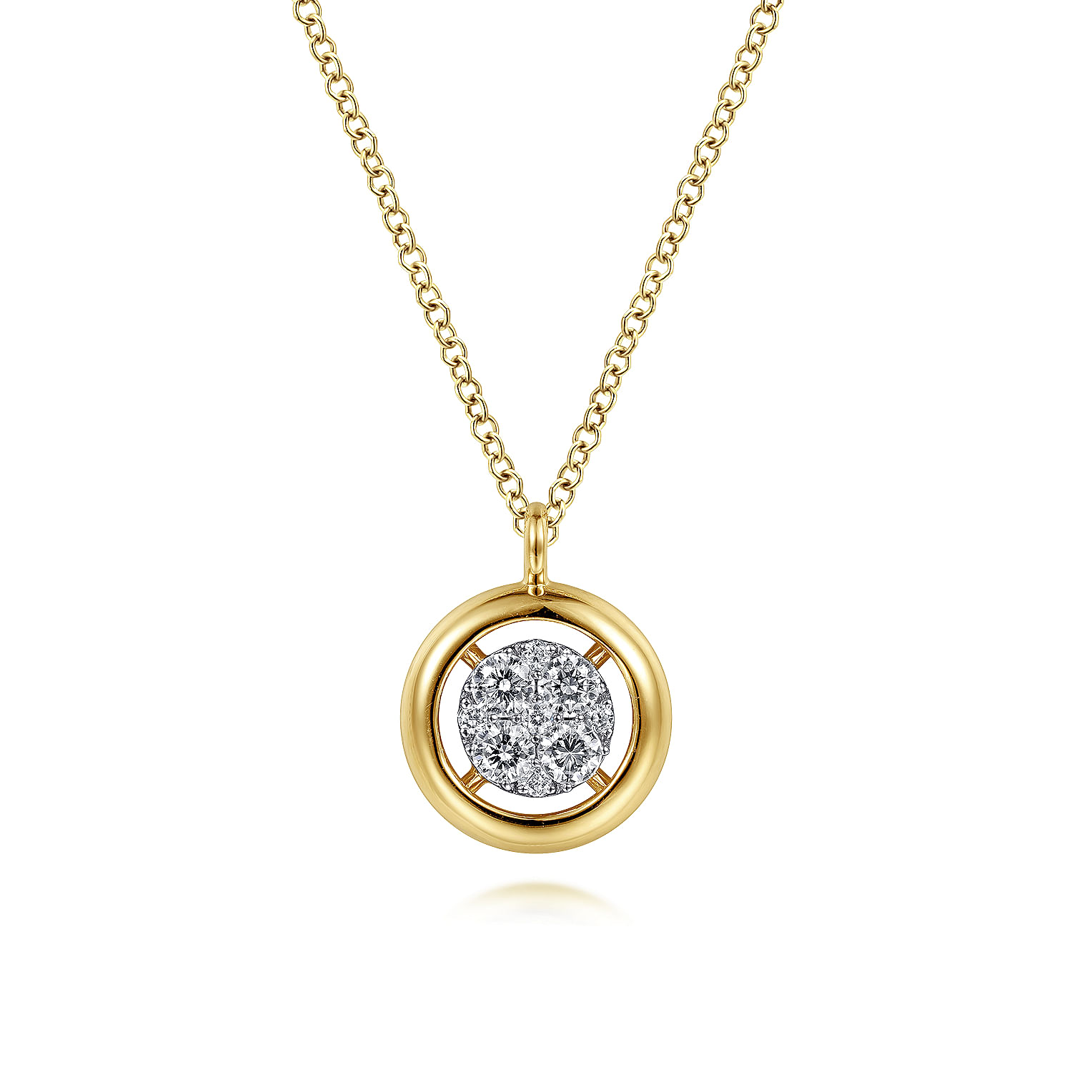 Gabriel - 14K Yellow Gold Round Pavé Diamond Floating Pendant Necklace with Wide Border