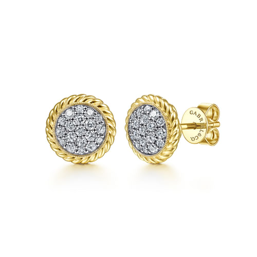 14K Yellow Gold Round Pavé Diamond Stud Earrings