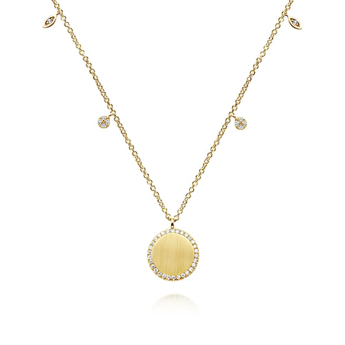 14K Yellow Gold Round Pendant Necklace with Diamond Halo