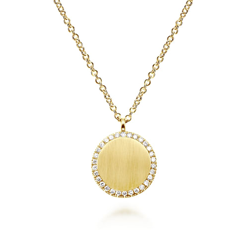 14K Yellow Gold Round Pendant Necklace with Diamond Halo