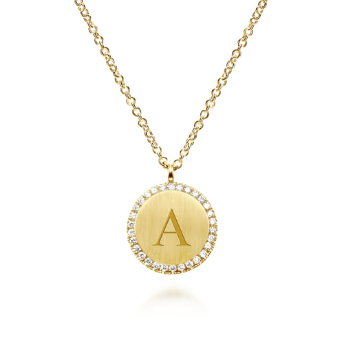 14K Yellow Gold Round Pendant Necklace with Diamond Halo