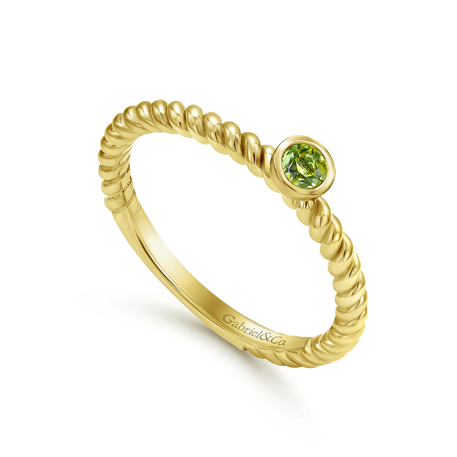 14K Yellow Gold Round Peridot Ring with Twisted Rope Shank