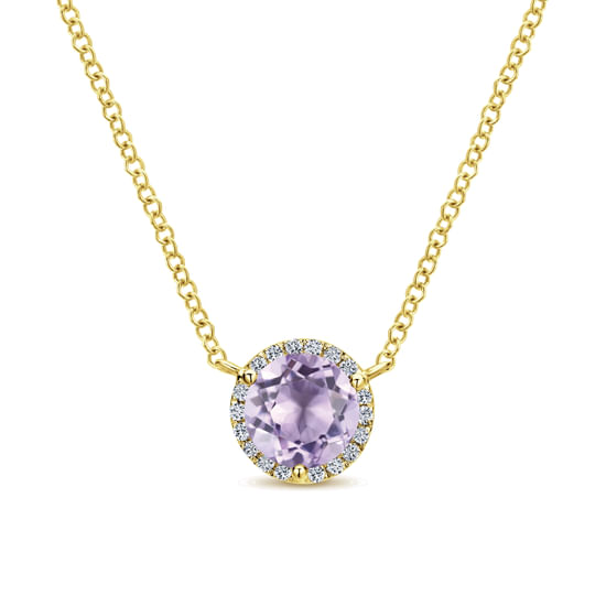 Gabriel - 14K Yellow Gold Round Pink Amethyst and Diamond Halo Pendant Necklace