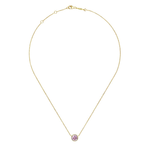 14K Yellow Gold Round Pink Amethyst and Diamond Halo Pendant Necklace