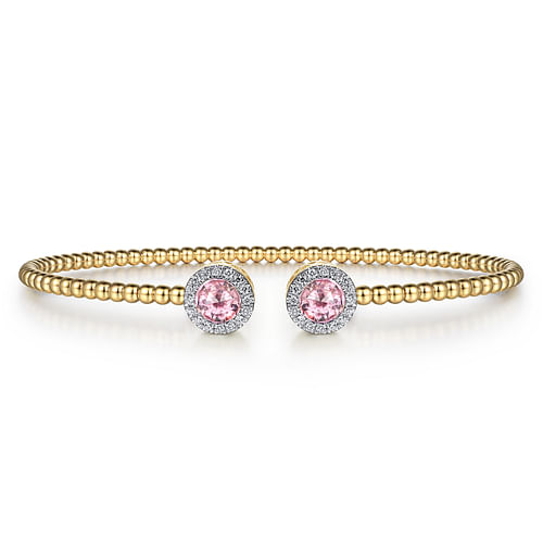 14K Yellow Gold Round Pink Zircon and Diamond Halo Bujukan Bangle