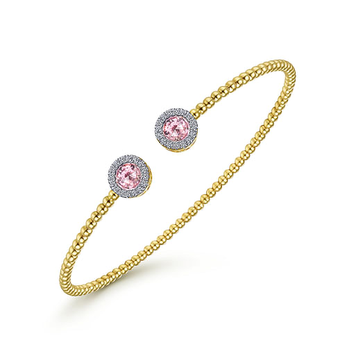 14K Yellow Gold Round Pink Zircon and Diamond Halo Bujukan Bangle