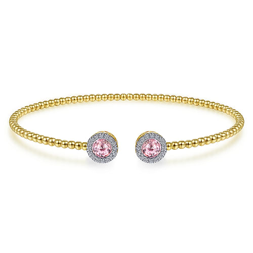 14K Yellow Gold Round Pink Zircon and Diamond Halo Bujukan Bangle