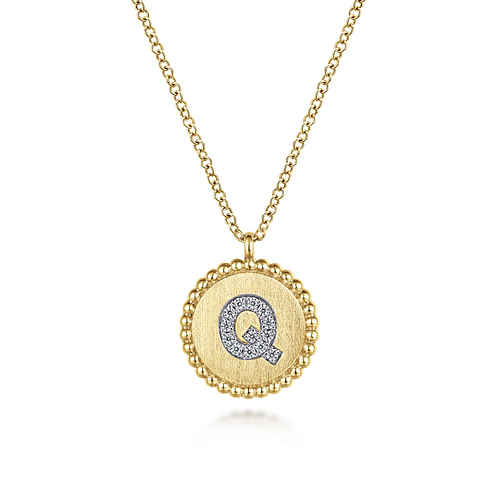 14K Yellow Gold Round Q Initial Pendant Necklace with Diamonds