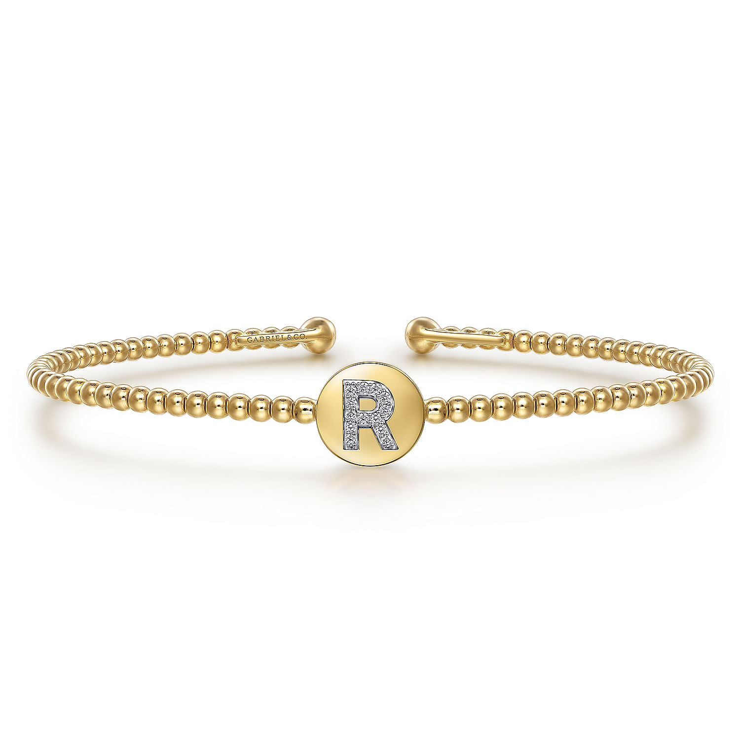 14K Yellow Gold Round R Initial Diamond Bujukan Cuff Bracelet