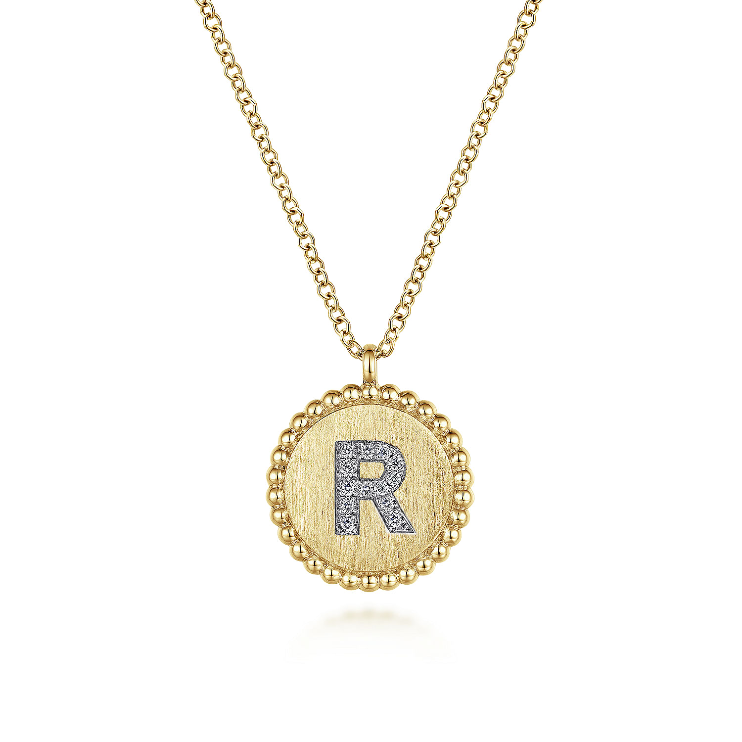 14K Yellow Gold Round R Initial Pendant Necklace with Diamonds